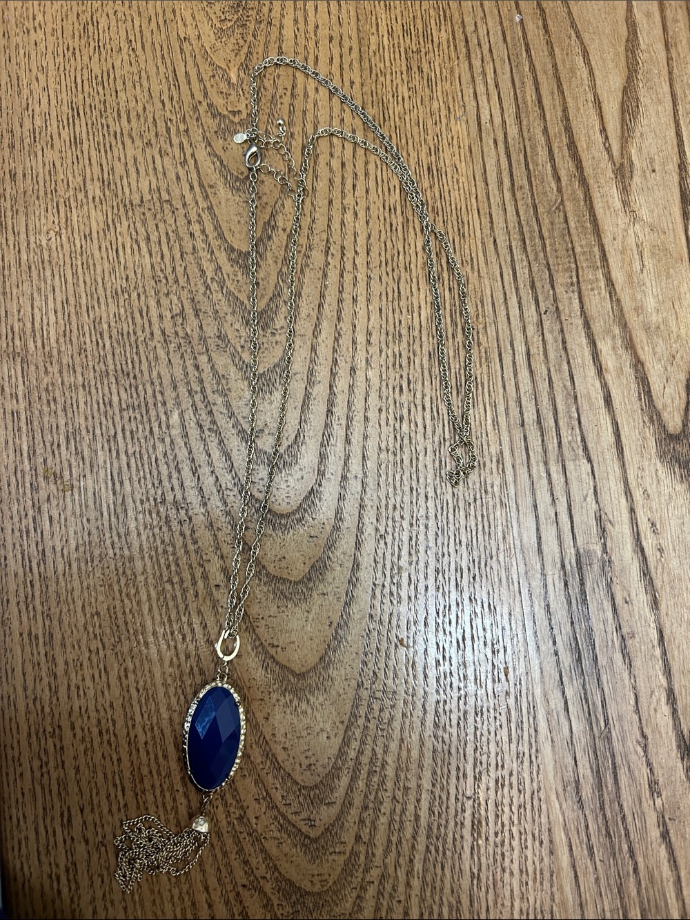 Gold Chain Necklace with Blue and Teal Oval Pendant and Tassel
